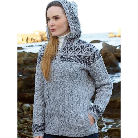 Aran Sweater Market Women's Fairisle Merino Wool Knit Hoodie Gray XL NWT - Picture 1 of 8